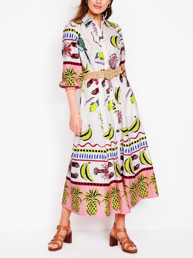 Vibrant Multicolor Tropical Carnival Print Shirt Dress - Linen Cotton Blend for Vacations & Summer Events