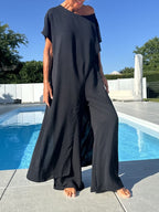 Women's Comfortable Breathable Wide-leg Pants and Tapered Long Short-sleeved Top Set