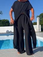 Women's Comfortable Breathable Wide-leg Pants and Tapered Long Short-sleeved Top Set