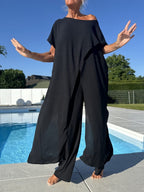 Women's Comfortable Breathable Wide-leg Pants and Tapered Long Short-sleeved Top Set