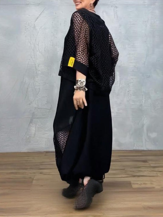 Chic Black Mesh Sleeveless Dress with Matching Cover-up Set - Versatile & Stylish