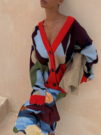 Abstract Geometric Pattern V-Neck Long Sleeve Knit Cardigan Jacket