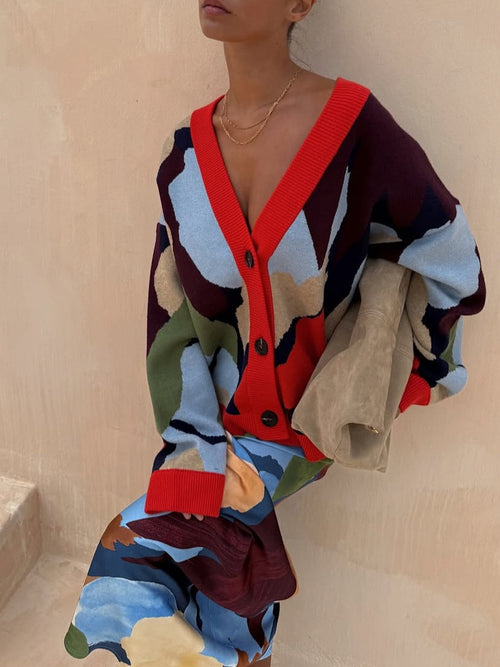 Abstract Geometric Pattern V-Neck Long Sleeve Knit Cardigan Jacket