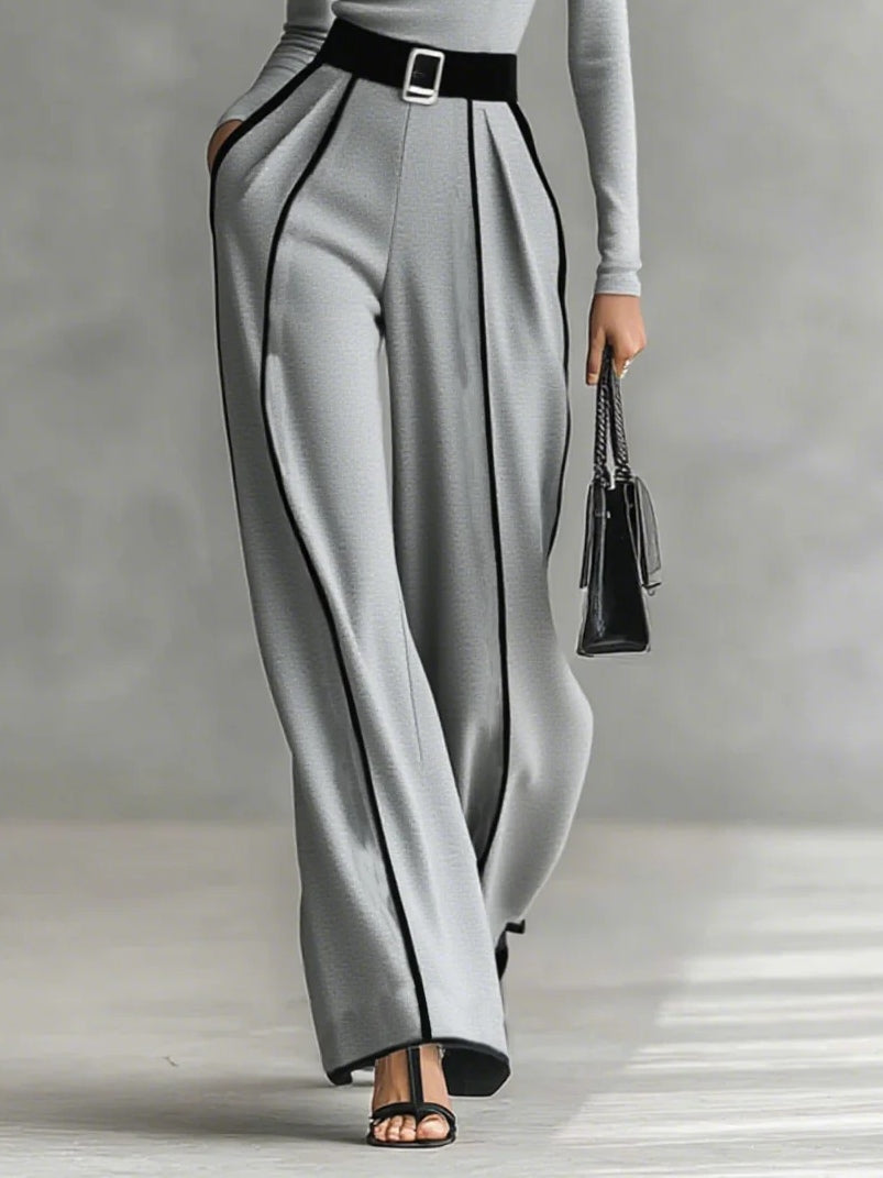 Chic White Trim High-Neck Long-Sleeve Top & Wide-Leg Pants Set with Belt - Elegant Two-Piece Outfit