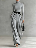 Chic White Trim High-Neck Long-Sleeve Top & Wide-Leg Pants Set with Belt - Elegant Two-Piece Outfit