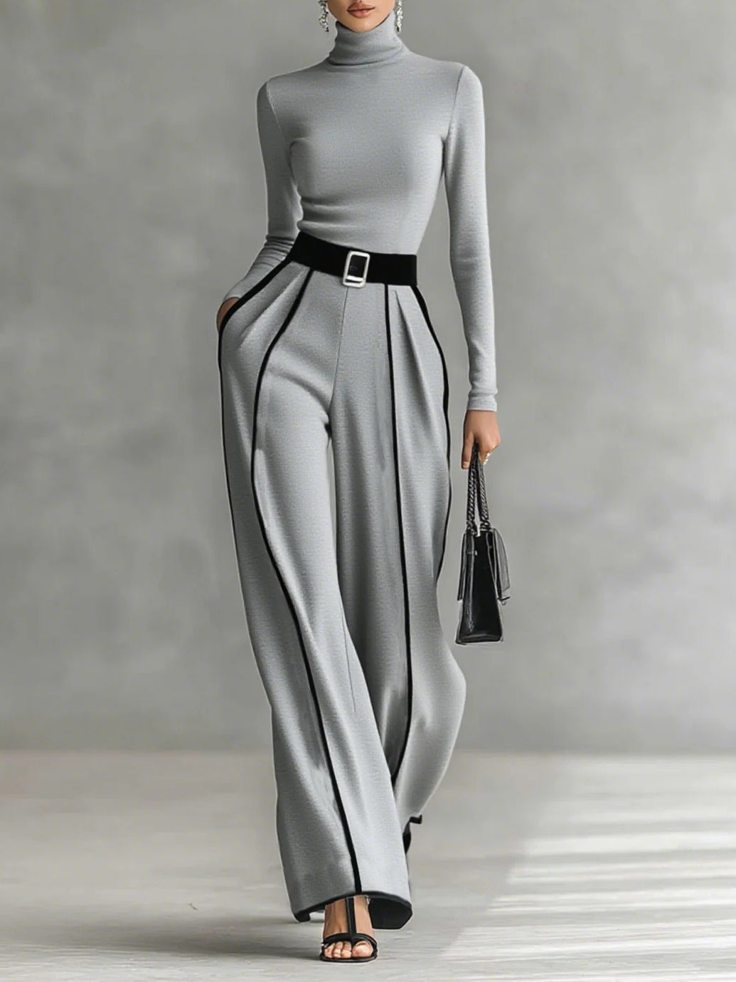 Chic White Trim High-Neck Long-Sleeve Top & Wide-Leg Pants Set with Belt - Elegant Two-Piece Outfit