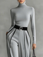 Chic White Trim High-Neck Long-Sleeve Top & Wide-Leg Pants Set with Belt - Elegant Two-Piece Outfit