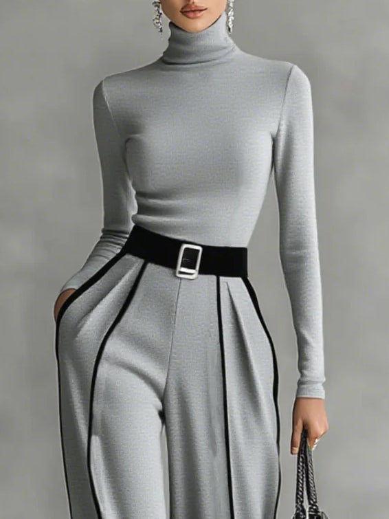 Chic White Trim High-Neck Long-Sleeve Top & Wide-Leg Pants Set with Belt - Elegant Two-Piece Outfit