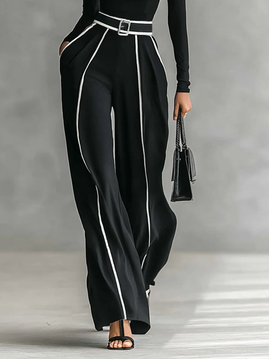 Chic White Trim High-Neck Long-Sleeve Top & Wide-Leg Pants Set with Belt - Elegant Two-Piece Outfit
