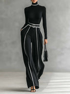 Chic White Trim High-Neck Long-Sleeve Top & Wide-Leg Pants Set with Belt - Elegant Two-Piece Outfit