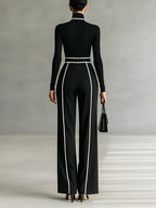 Chic White Trim High-Neck Long-Sleeve Top & Wide-Leg Pants Set with Belt - Elegant Two-Piece Outfit