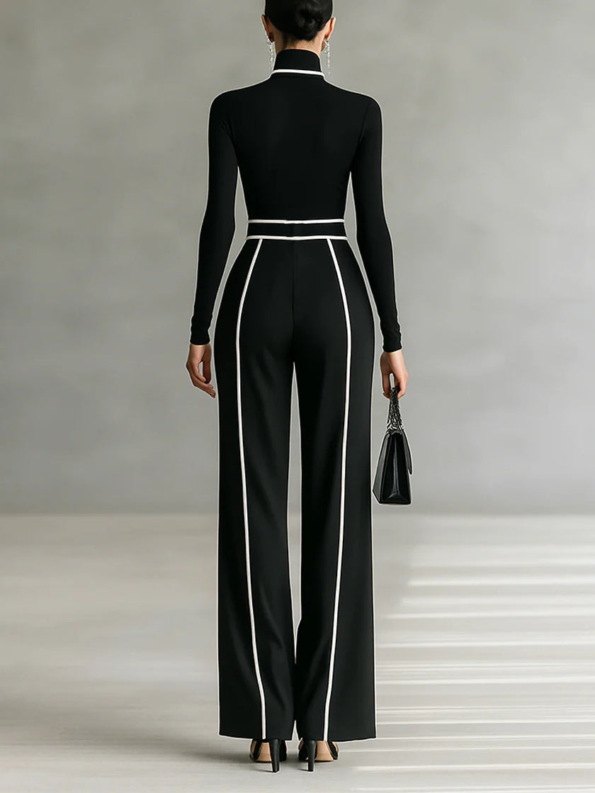 Chic White Trim High-Neck Long-Sleeve Top & Wide-Leg Pants Set with Belt - Elegant Two-Piece Outfit