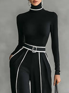 Chic White Trim High-Neck Long-Sleeve Top & Wide-Leg Pants Set with Belt - Elegant Two-Piece Outfit