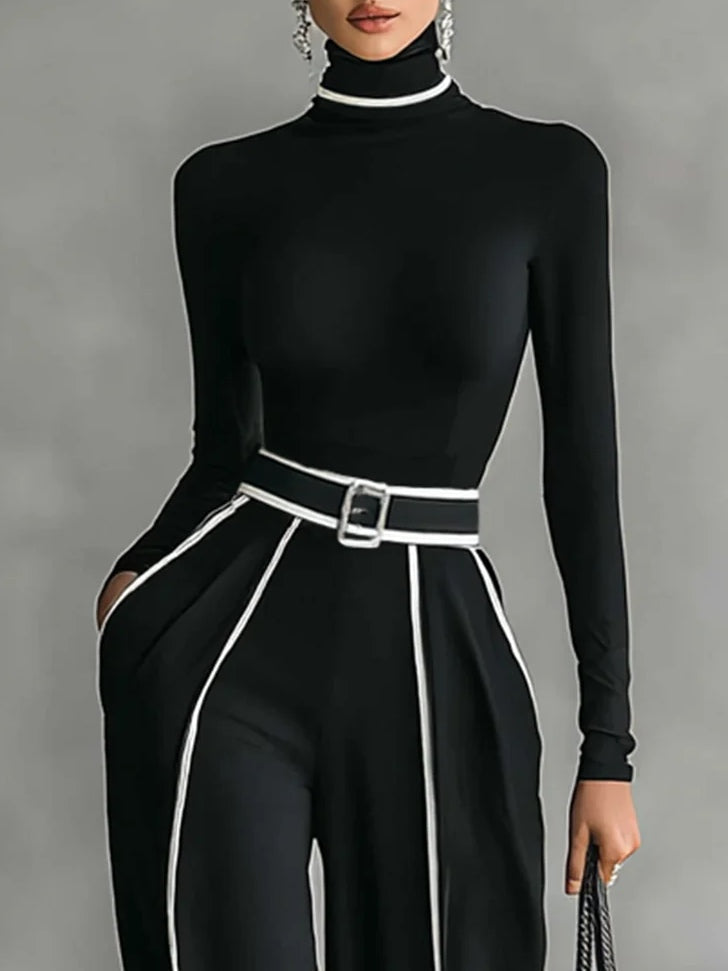 Chic White Trim High-Neck Long-Sleeve Top & Wide-Leg Pants Set with Belt - Elegant Two-Piece Outfit