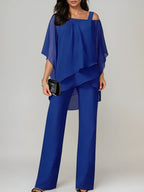Elegant Off-the-Shoulder Irregular Chiffon Suit - Women's Two-Piece Layered Lounge Set