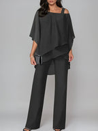 Elegant Off-the-Shoulder Irregular Chiffon Suit - Women's Two-Piece Layered Lounge Set