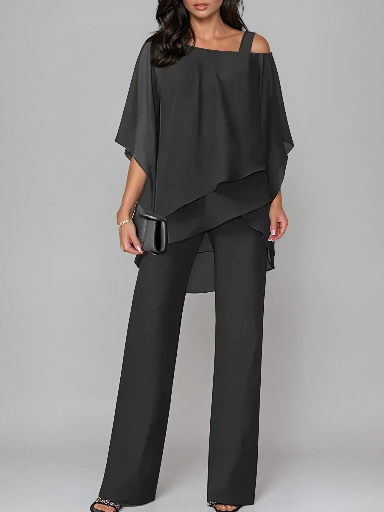 Elegant Off-the-Shoulder Irregular Chiffon Suit - Women's Two-Piece Layered Lounge Set