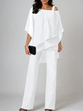 Elegant Off-the-Shoulder Irregular Chiffon Suit - Women's Two-Piece Layered Lounge Set