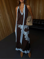 Elegant Women's Brown and Blue Lace Panel Suit Set - Top and Skirt