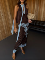 Elegant Women's Brown and Blue Lace Panel Suit Set - Top and Skirt