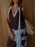 Elegant Women's Brown and Blue Lace Panel Suit Set - Top and Skirt