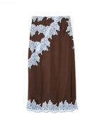 Elegant Women's Brown and Blue Lace Panel Suit Set - Top and Skirt