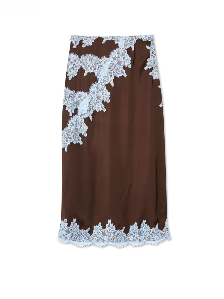 Elegant Women's Brown and Blue Lace Panel Suit Set - Top and Skirt