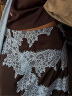 Elegant Women's Brown and Blue Lace Panel Suit Set - Top and Skirt