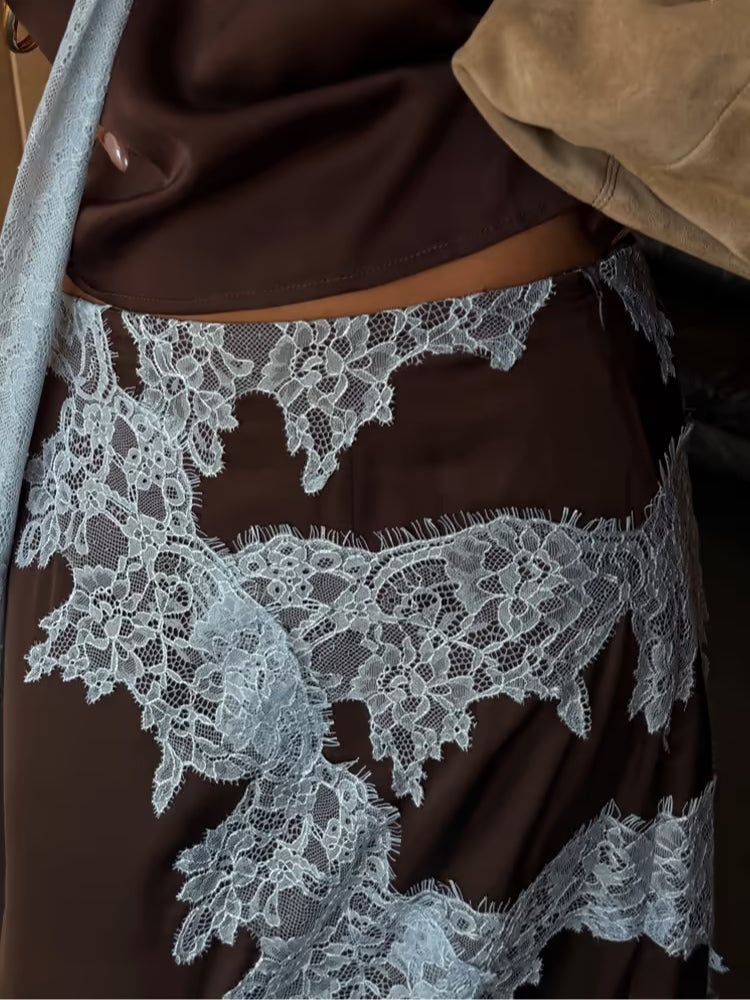 Elegant Women's Brown and Blue Lace Panel Suit Set - Top and Skirt