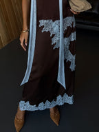 Elegant Women's Brown and Blue Lace Panel Suit Set - Top and Skirt