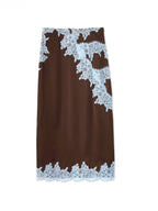 Elegant Women's Brown and Blue Lace Panel Suit Set - Top and Skirt