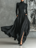Chic All Black Skinny Turtleneck T-shirt & Pleated Skirt Set - Versatile Fashion Ensemble