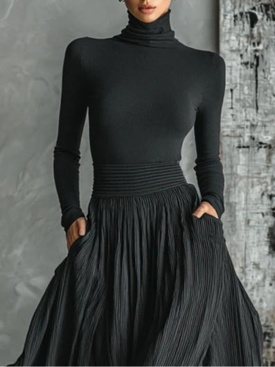 Chic All Black Skinny Turtleneck T-shirt & Pleated Skirt Set - Versatile Fashion Ensemble
