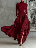 Chic All Black Skinny Turtleneck T-shirt & Pleated Skirt Set - Versatile Fashion Ensemble