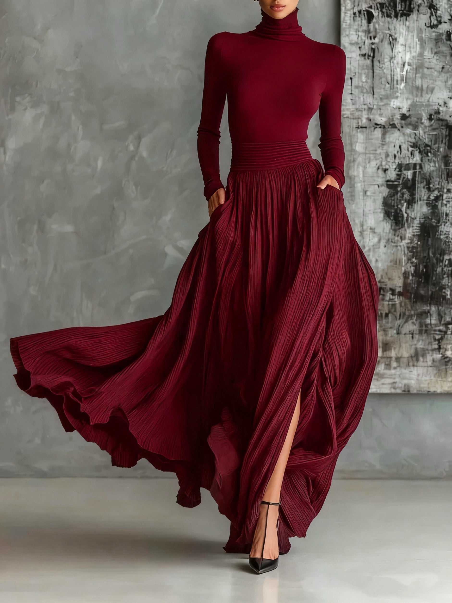 Chic All Black Skinny Turtleneck T-shirt & Pleated Skirt Set - Versatile Fashion Ensemble