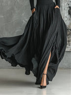Chic All Black Skinny Turtleneck T-shirt & Pleated Skirt Set - Versatile Fashion Ensemble