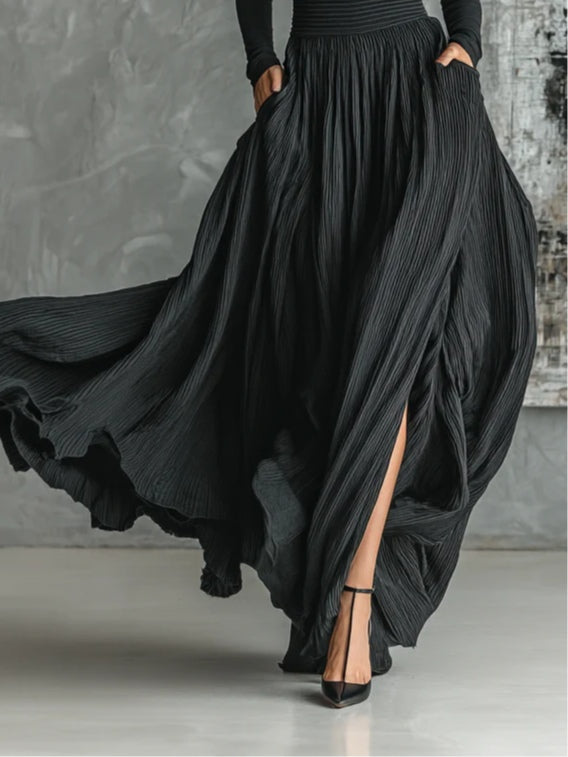 Chic All Black Skinny Turtleneck T-shirt & Pleated Skirt Set - Versatile Fashion Ensemble