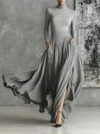 Chic All Black Skinny Turtleneck T-shirt & Pleated Skirt Set - Versatile Fashion Ensemble