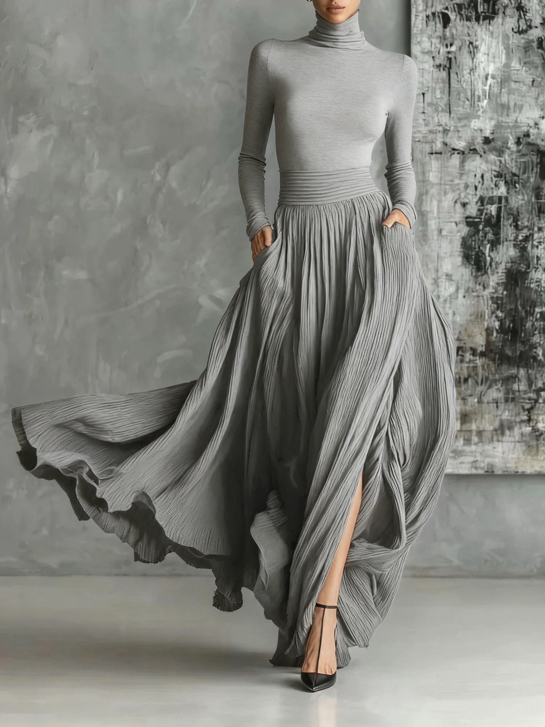Chic All Black Skinny Turtleneck T-shirt & Pleated Skirt Set - Versatile Fashion Ensemble