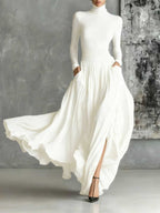 Chic All Black Skinny Turtleneck T-shirt & Pleated Skirt Set - Versatile Fashion Ensemble