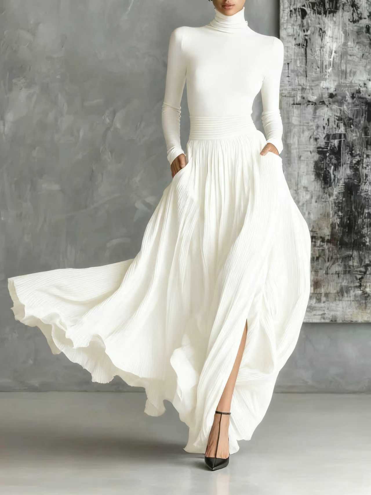 Chic All Black Skinny Turtleneck T-shirt & Pleated Skirt Set - Versatile Fashion Ensemble