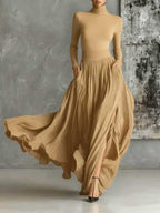 Chic All Black Skinny Turtleneck T-shirt & Pleated Skirt Set - Versatile Fashion Ensemble