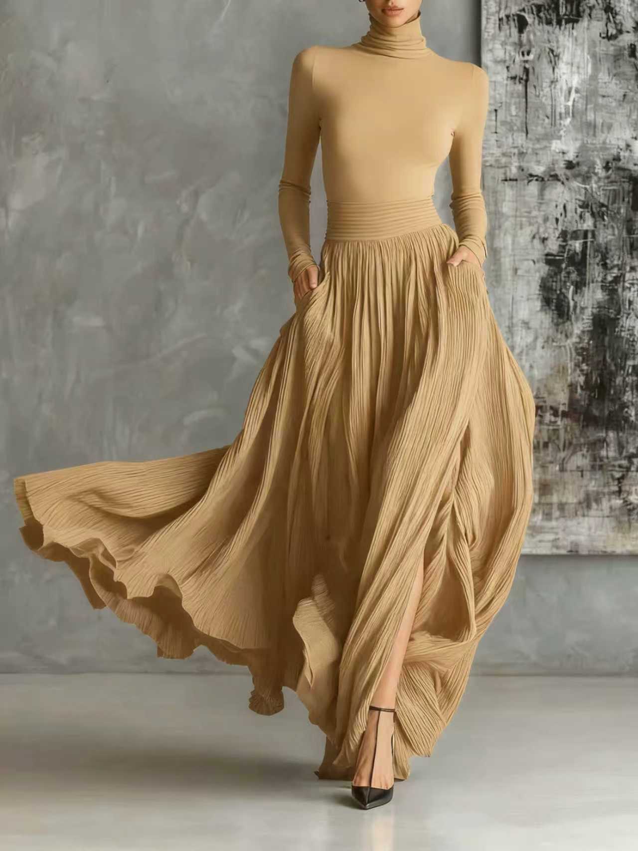Chic All Black Skinny Turtleneck T-shirt & Pleated Skirt Set - Versatile Fashion Ensemble