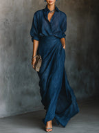 Elegant Dark Blue Cotton & Linen Blend Maxi Skirt Set with Long Sleeves and V-Neck