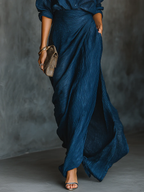 Elegant Dark Blue Cotton & Linen Blend Maxi Skirt Set with Long Sleeves and V-Neck