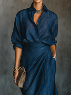 Elegant Dark Blue Cotton & Linen Blend Maxi Skirt Set with Long Sleeves and V-Neck