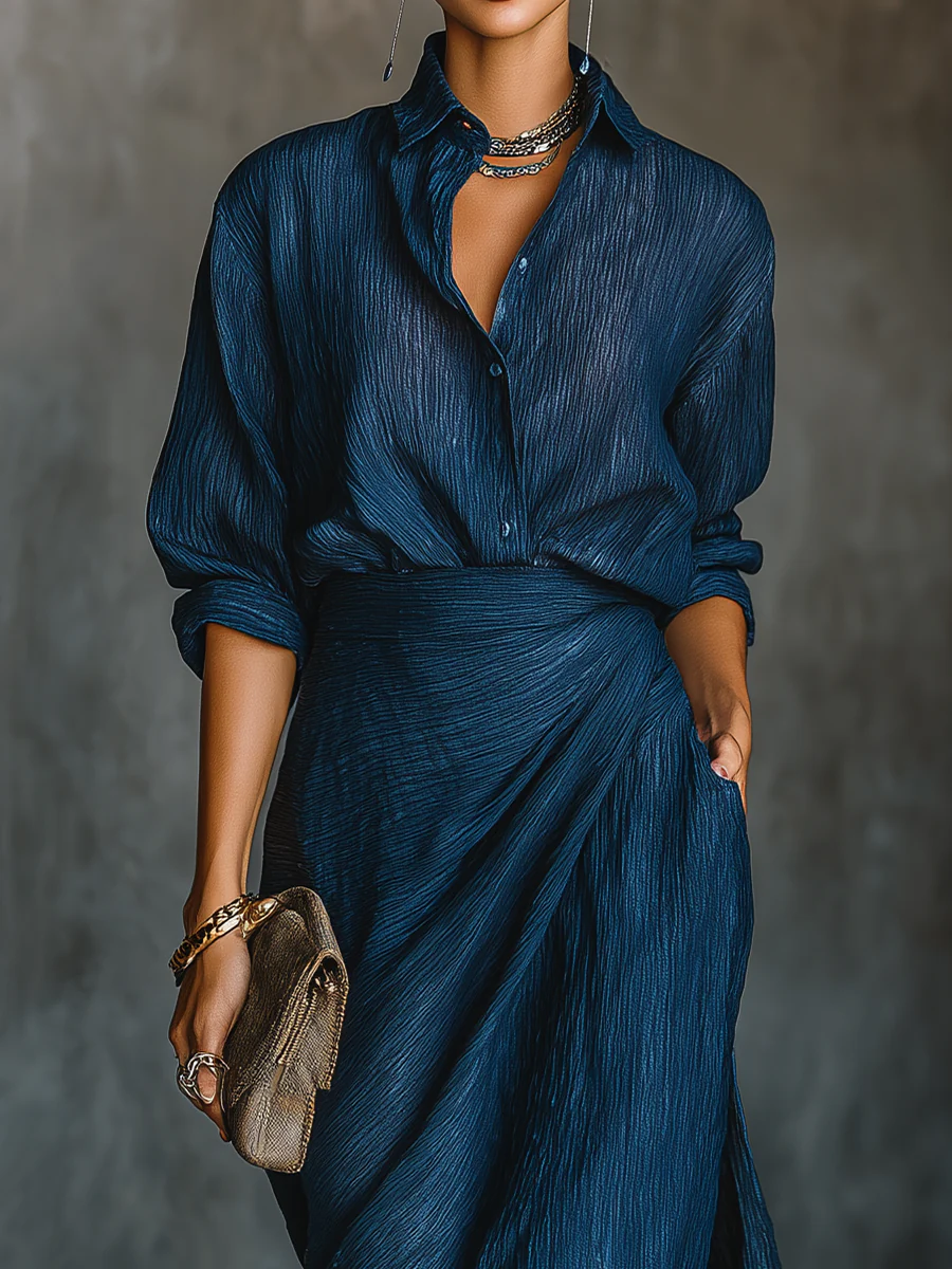 Elegant Dark Blue Cotton & Linen Blend Maxi Skirt Set with Long Sleeves and V-Neck