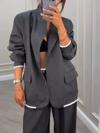 Chic Gray Patchwork Dingle-breasted Blazer and Pants Two-piece Set - Perfect for Daily, Holiday, and Going Out