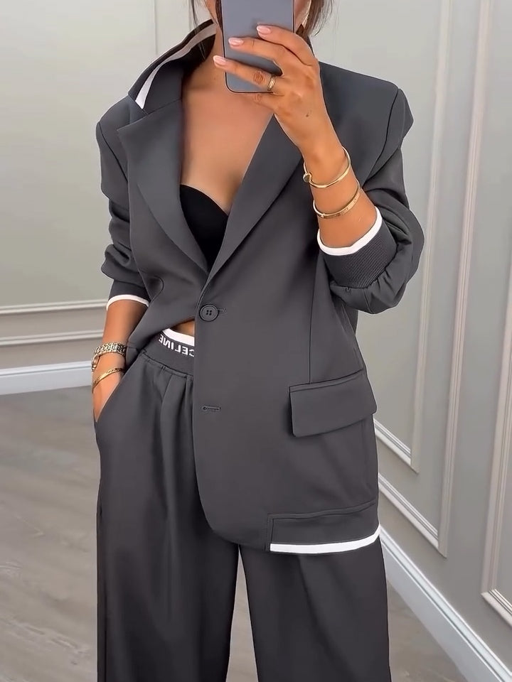 Chic Gray Patchwork Dingle-breasted Blazer and Pants Two-piece Set - Perfect for Daily, Holiday, and Going Out