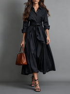 Women's Minimalist Classic Shirt Maxi Dress - Elegant Cotton Twill with Waist Tie